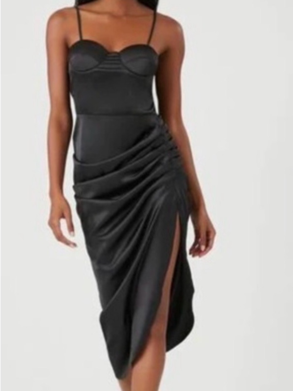 F21 Satin Ruched Bustier Midi Dress